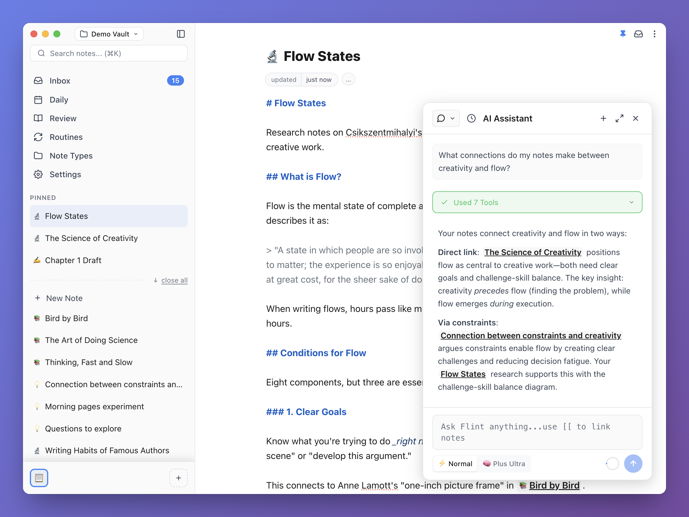 Flint main interface showing a note on Spaced Repetition with wikilinks and structured content